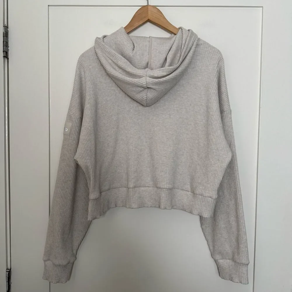 ALO Yoga Muse Cropped Hoodie Womens Sz L Gray Ribbed Long Sleeve Athleisure